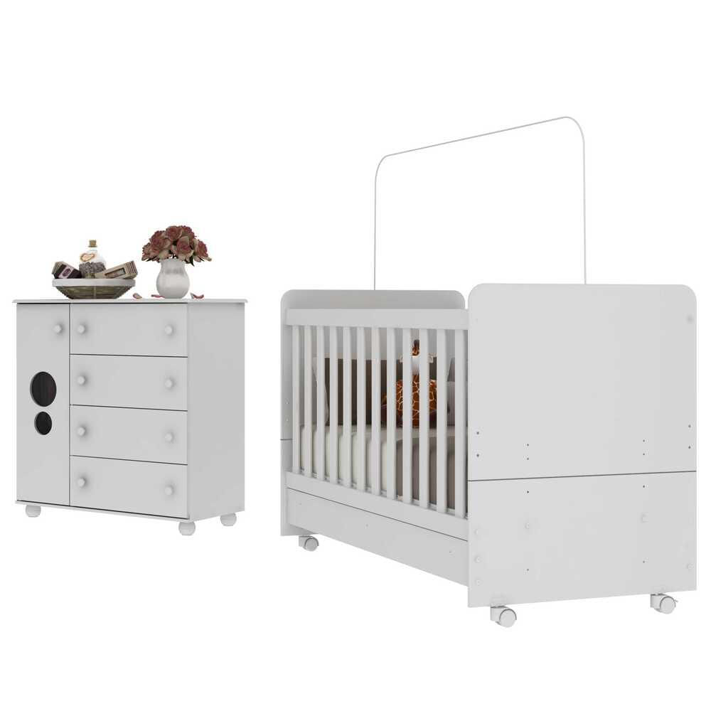 Quarto Infantil Berço com Colchão Incluso e Cômoda Multimóveis Pimpolho FG3570 Branco