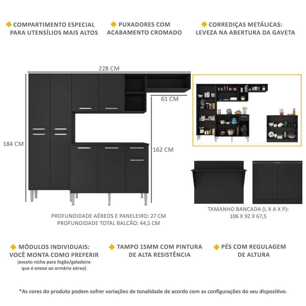 Armário de Cozinha Completa com Bancada Paris Multimóveis MP2044 Preta