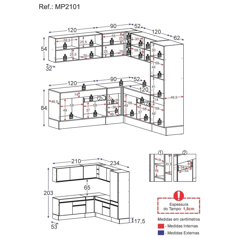 Armário de Cozinha Completa de Canto com Rodapé Veneza Multimóveis MP2101.891 Branco