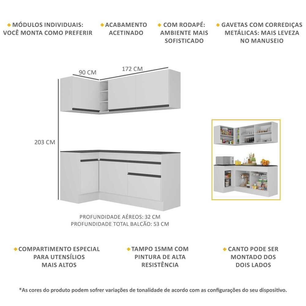 Armário de Cozinha Compacta de Canto com Rodapé Veneza Multimóveis MP2092.964 Branco/Preto