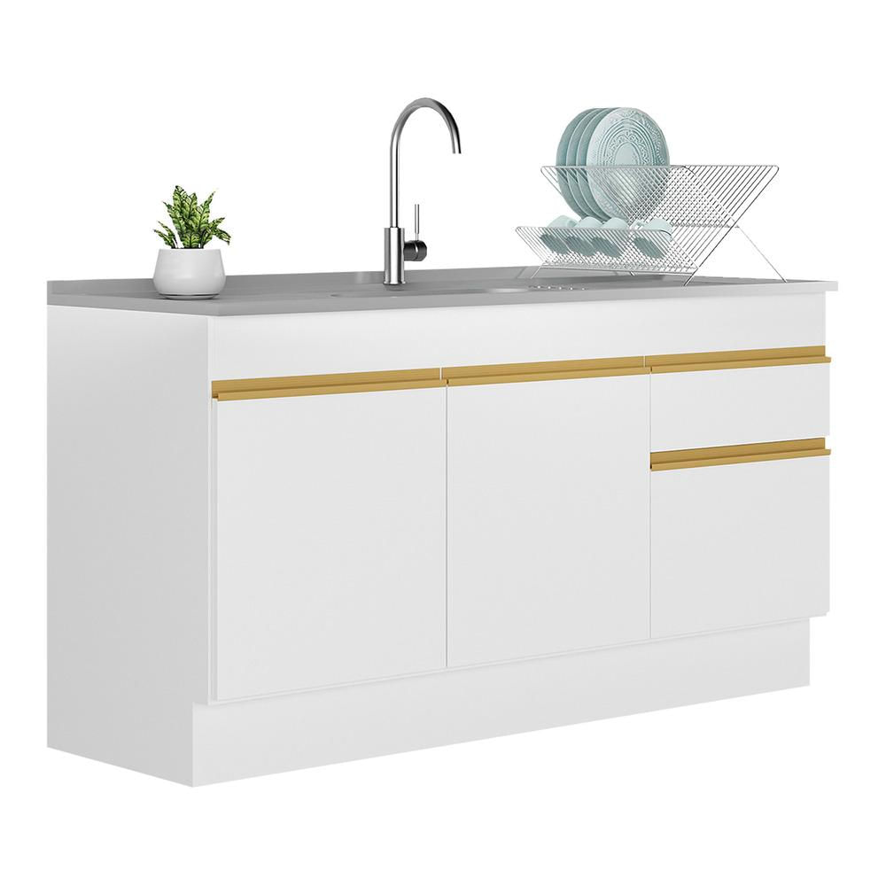 Balcão Cozinha com Rodapé Gabinete Pia 150 cm 3 Portas 1 Gaveta Veneza GW Multimóveis MP2115 Branco