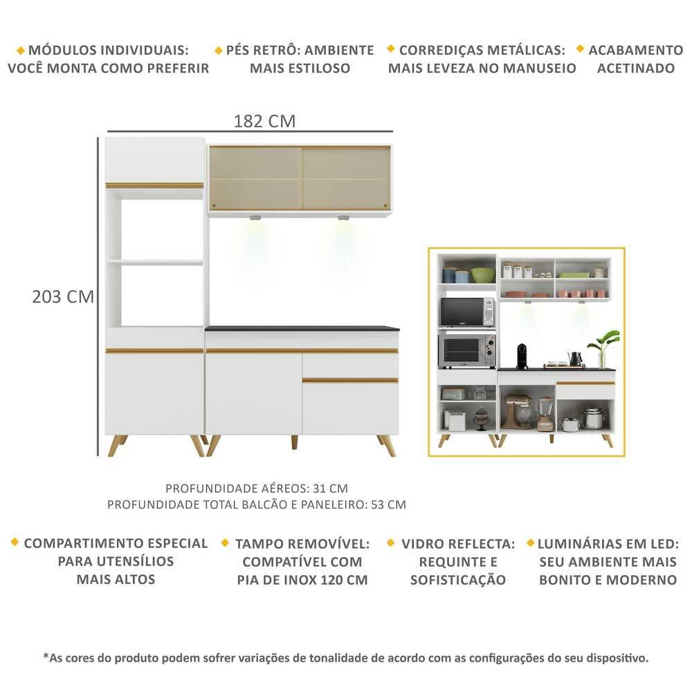 Armário de Cozinha Compacta 3 peças com Leds MP2020 Veneza Up Multimóveis Branca