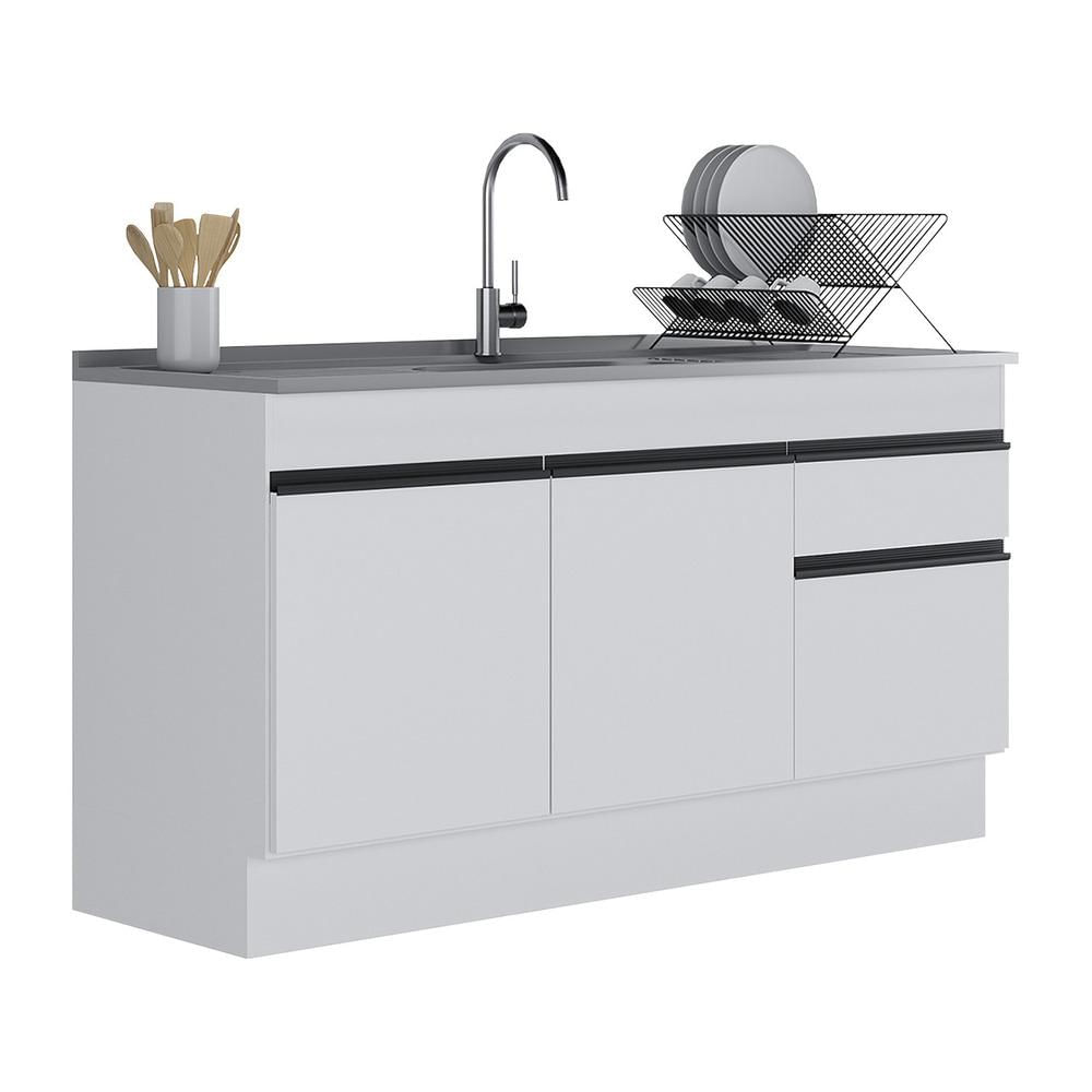 Balcão Cozinha c/ Rodapé Gabinete Pia 150cm 3 Ptas 1 Gav Veneza Multimóveis MP2115.964 Branco/Preto