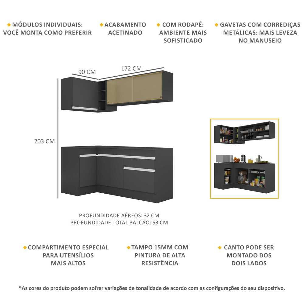 Armário de Cozinha Compacta de Canto com Rodapé Veneza Multimóveis MP2091.898 Preto/Branco