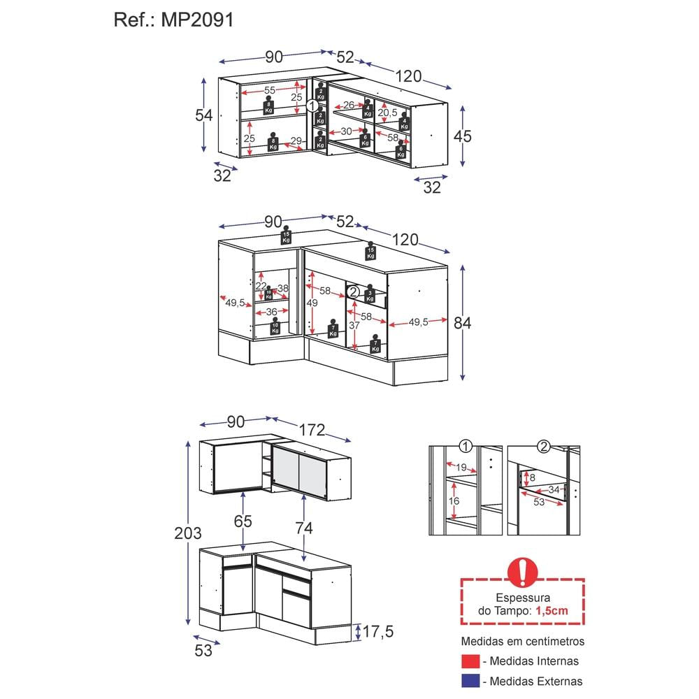 Armário de Cozinha Compacta de Canto com Rodapé Veneza Multimóveis MP2091.898 Preto/Branco