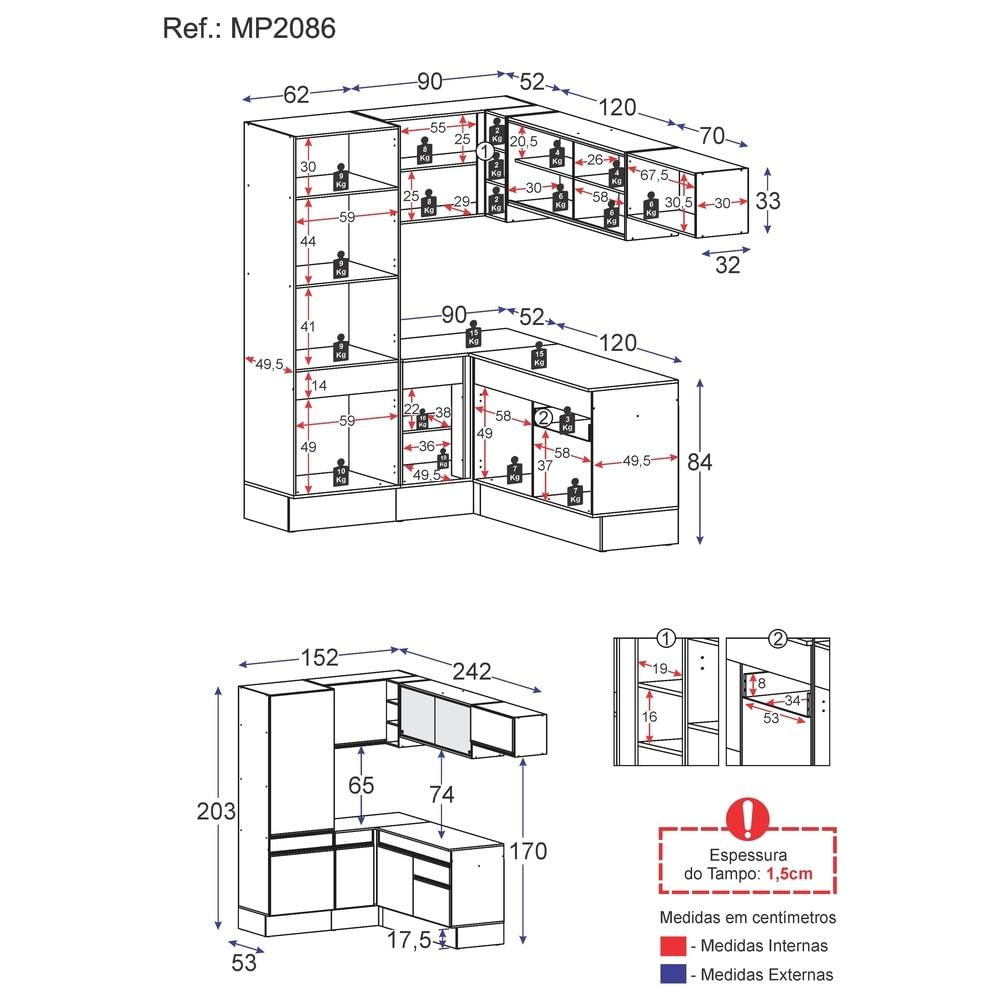 Armário de Cozinha Completa de Canto com Rodapé Veneza Multimóveis MP2086.898 Preto/Branco