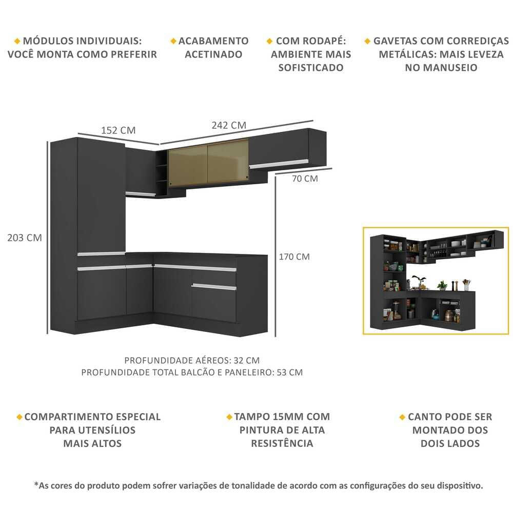 Armário de Cozinha Completa de Canto com Rodapé Veneza Multimóveis MP2086.898 Preto/Branco