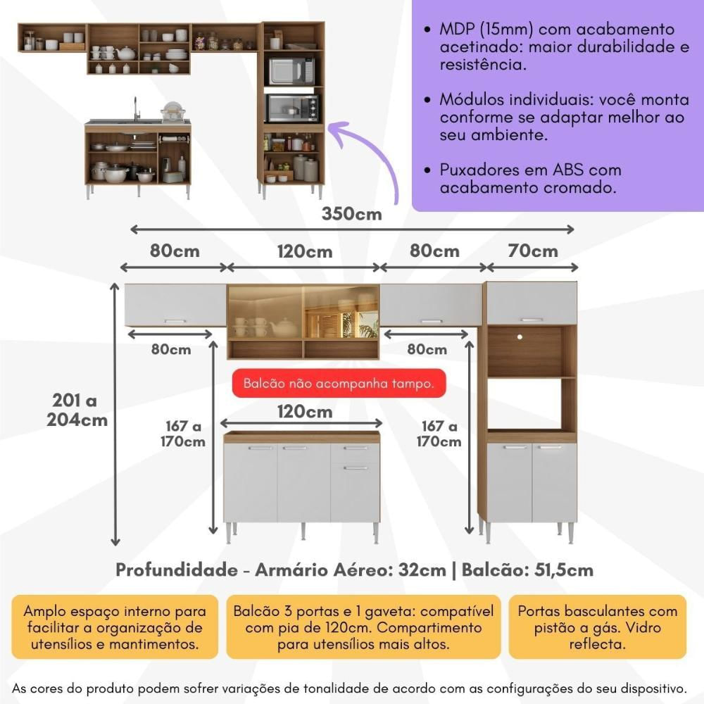 Armário de Cozinha Completa com Gabinete Pia e Torre Quente Paris Multimóveis MP2223 Rustic/Branco