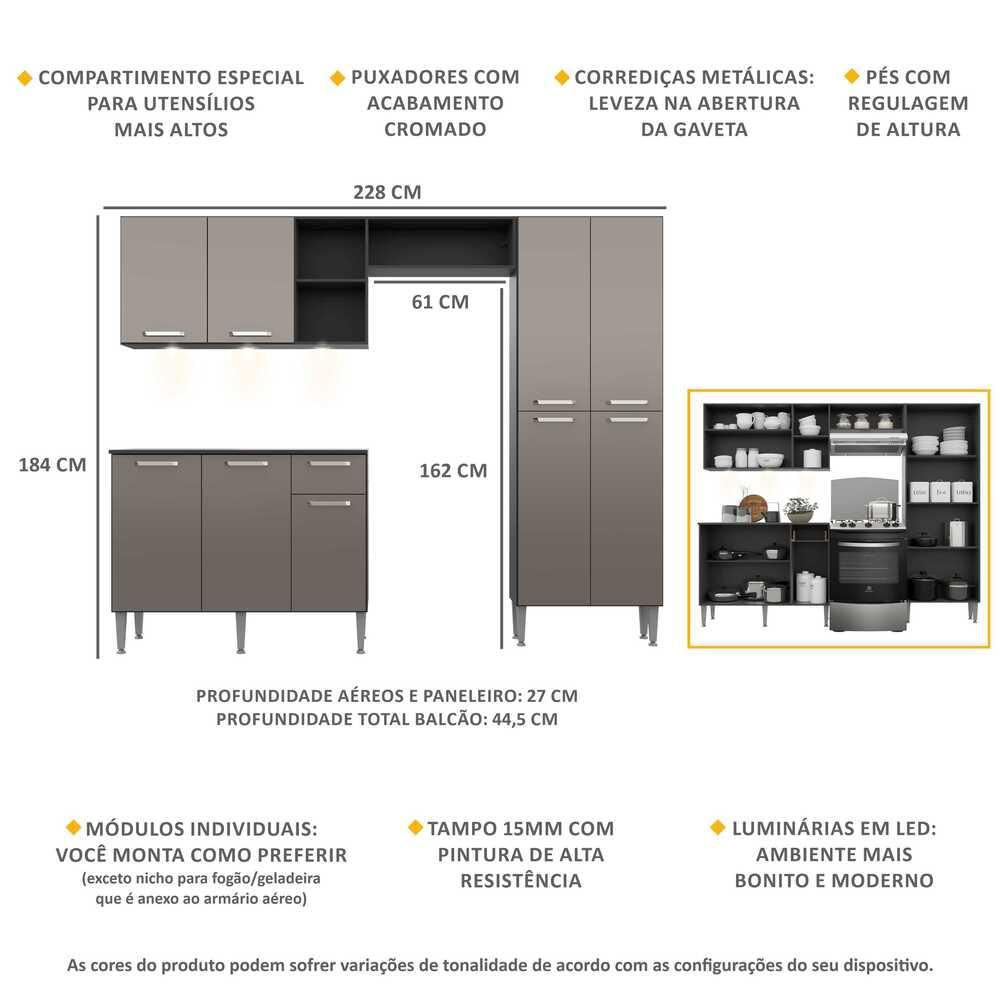 Armário de Cozinha Compacta com 3 Leds Balcão com Tampo Pequim Up Multimóveis Preta/Lacca Fumê