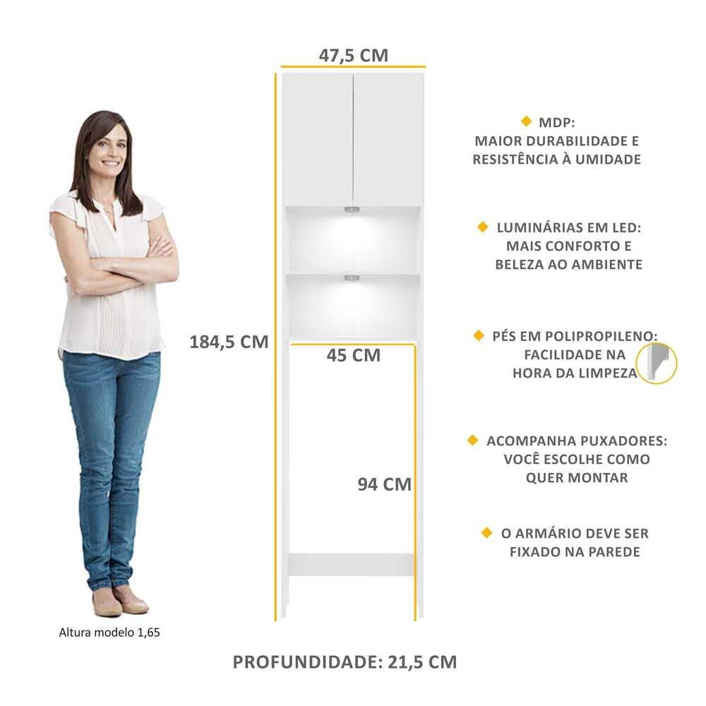 Armário Banheiro com 2 Leds para Vaso Sanitário e 2 portas Multimóveis Branco