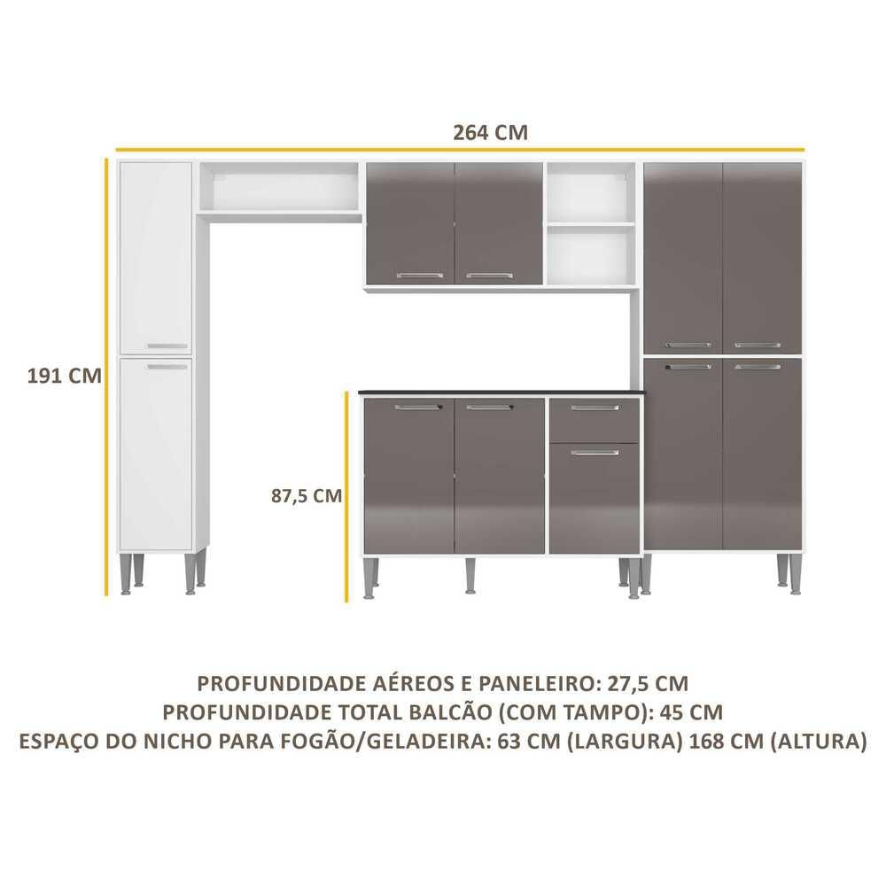 Armário de Cozinha Compacta Balcão c/ Tampo 5 pçs Xangai Classic Multimóveis Bca/Lca Fumê