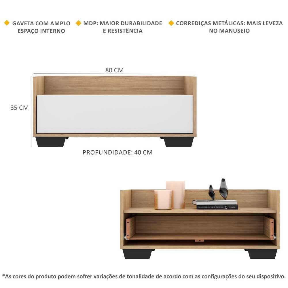 Mesa de Cabeceira 80 cm c/ Pés Quadrados Multimóveis Rustic/Branco/Preto