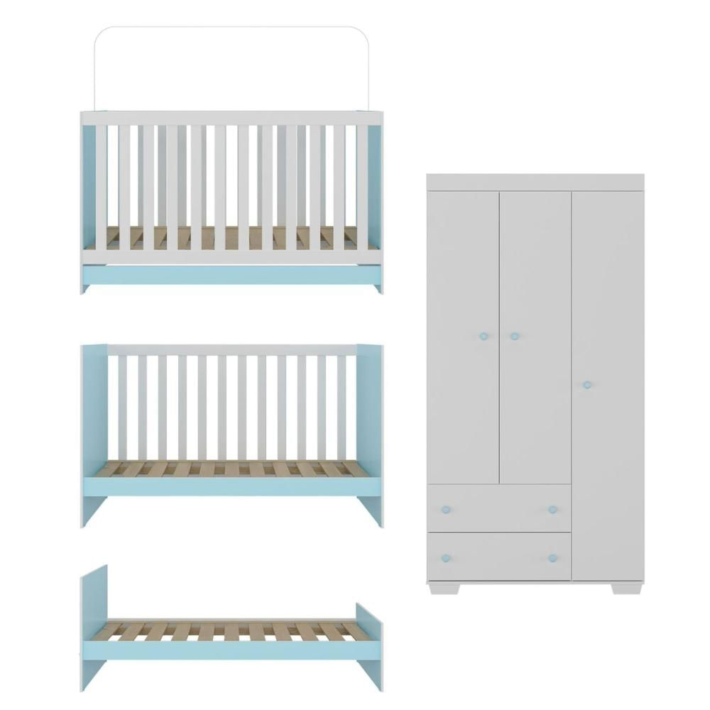 Quarto Infantil com Berço 3 em 1 e Guarda-Roupas Algodão Doce Multimóveis MP4247 Branco/Azul