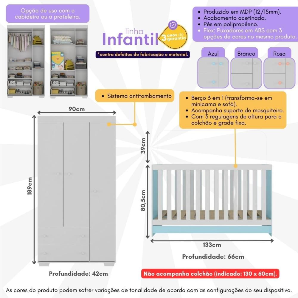 Quarto Infantil com Berço 3 em 1 e Guarda-Roupas Algodão Doce Multimóveis MP4247 Branco/Azul