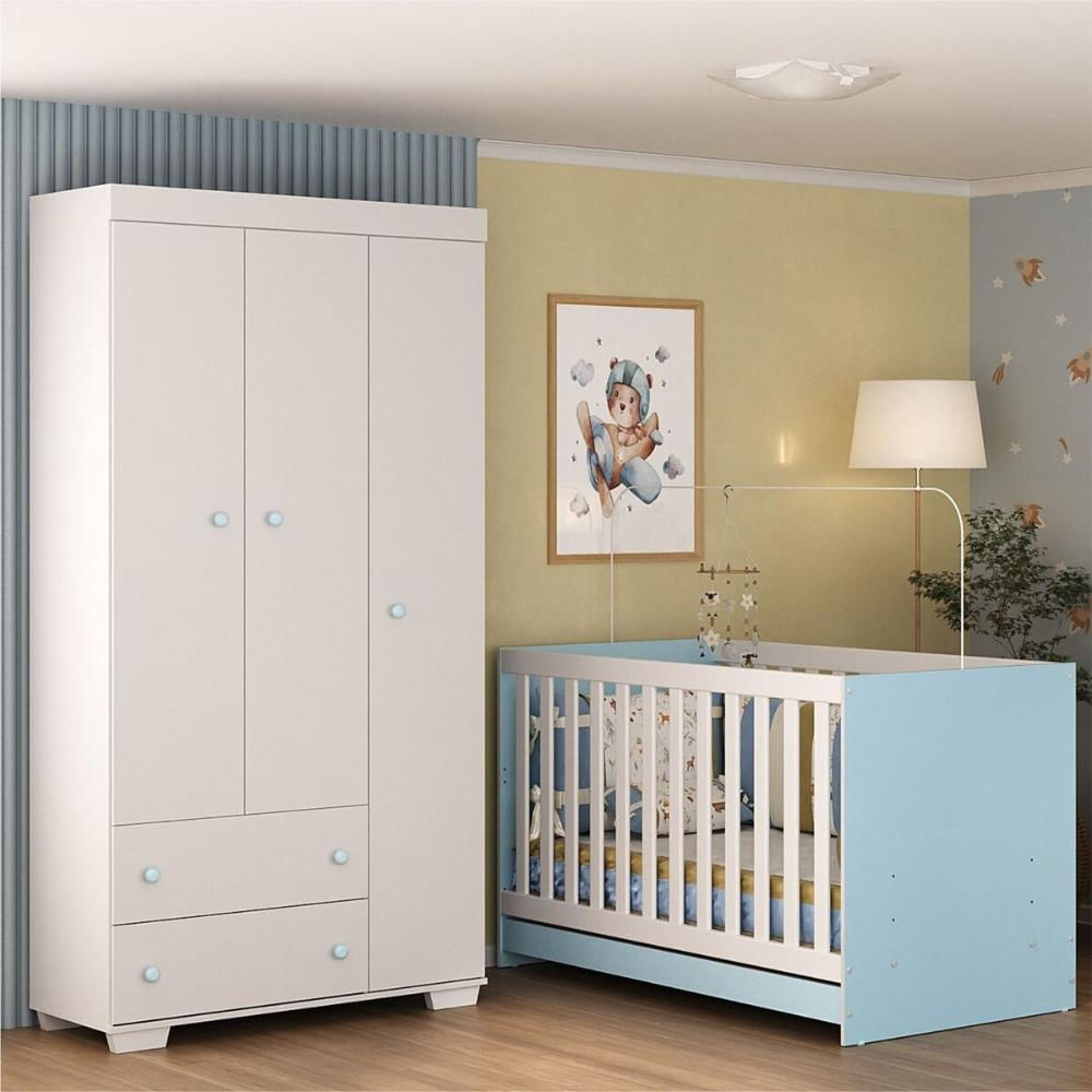 Quarto Infantil com Berço 3 em 1 e Guarda-Roupas Algodão Doce Multimóveis MP4247 Branco/Azul