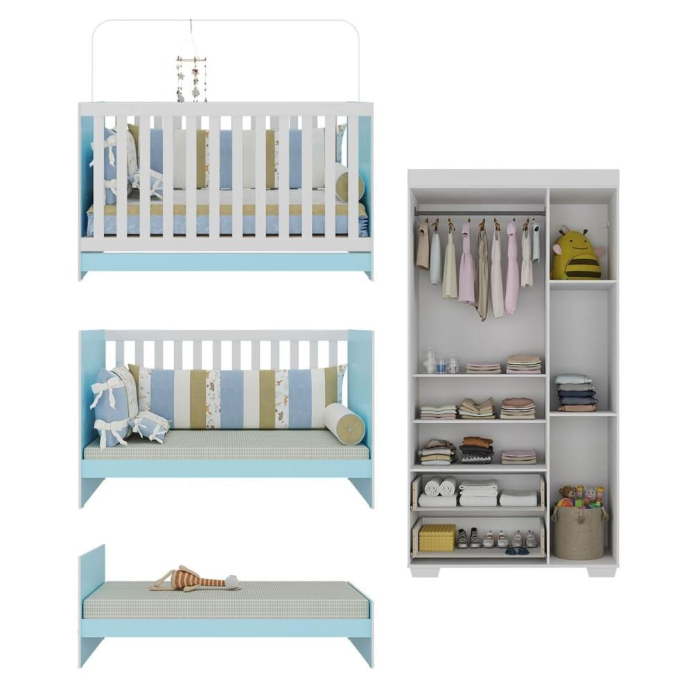 Quarto Infantil com Berço 3 em 1 e Guarda-Roupas Algodão Doce Multimóveis MP4247 Branco/Azul