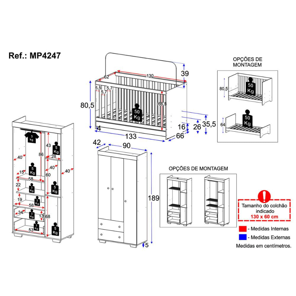 Quarto Infantil com Berço 3 em 1 e Guarda-Roupas Algodão Doce Multimóveis MP4247 Branco/Azul