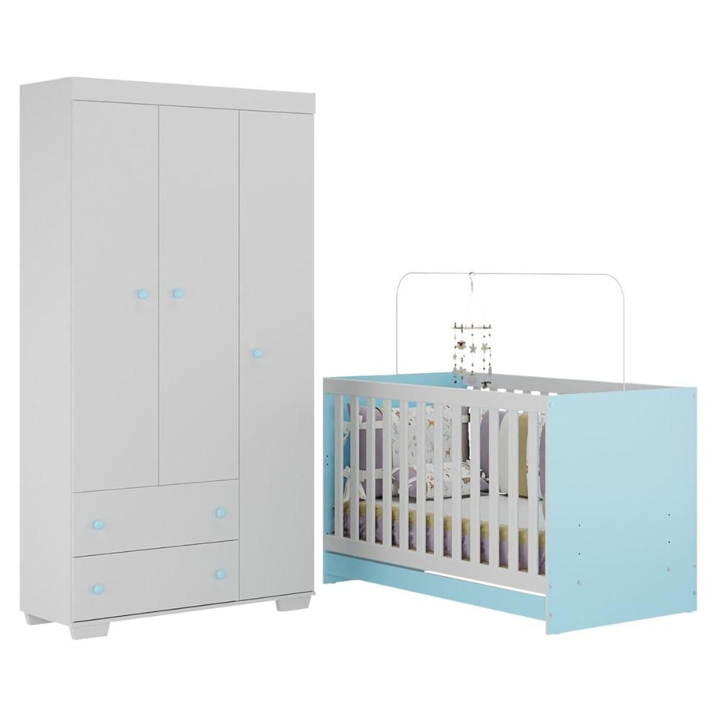 Quarto Infantil com Berço 3 em 1 e Guarda-Roupas Algodão Doce Multimóveis MP4247 Branco/Azul