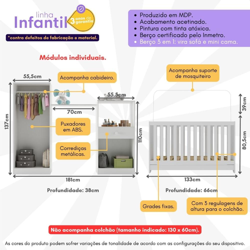 Quarto Infantil com Berço 3 em 1 Luíza Multimóveis Branco