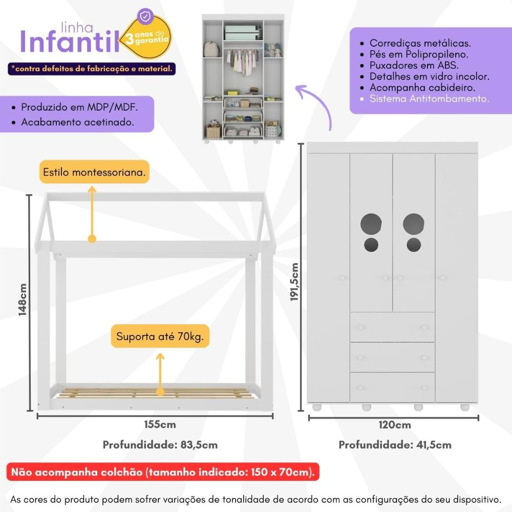 Cama Infantil Montessoriana para Colchão 150x70cm com Guarda-Roupas Pimpolho Multimóveis MX4279 Branco