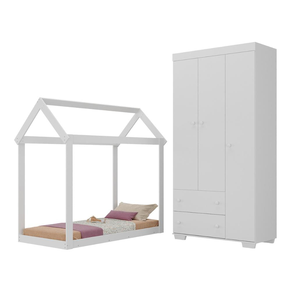 Quarto Infantil com Cama Montessoriana/Colchão/Guarda-Roupas Algodão Doce Multimóveis MX4276