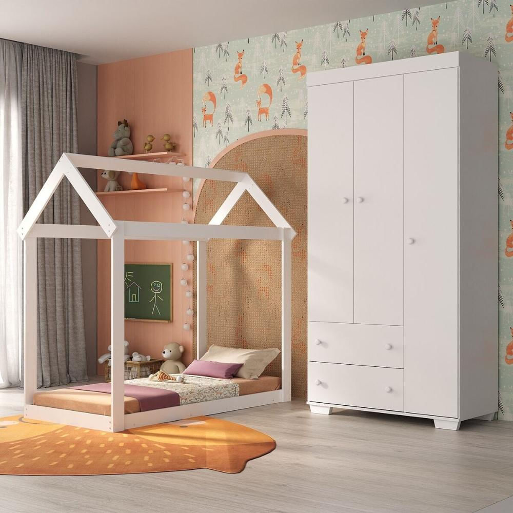 Quarto Infantil com Cama Montessoriana/Colchão/Guarda-Roupas Algodão Doce Multimóveis MX4276 Branco