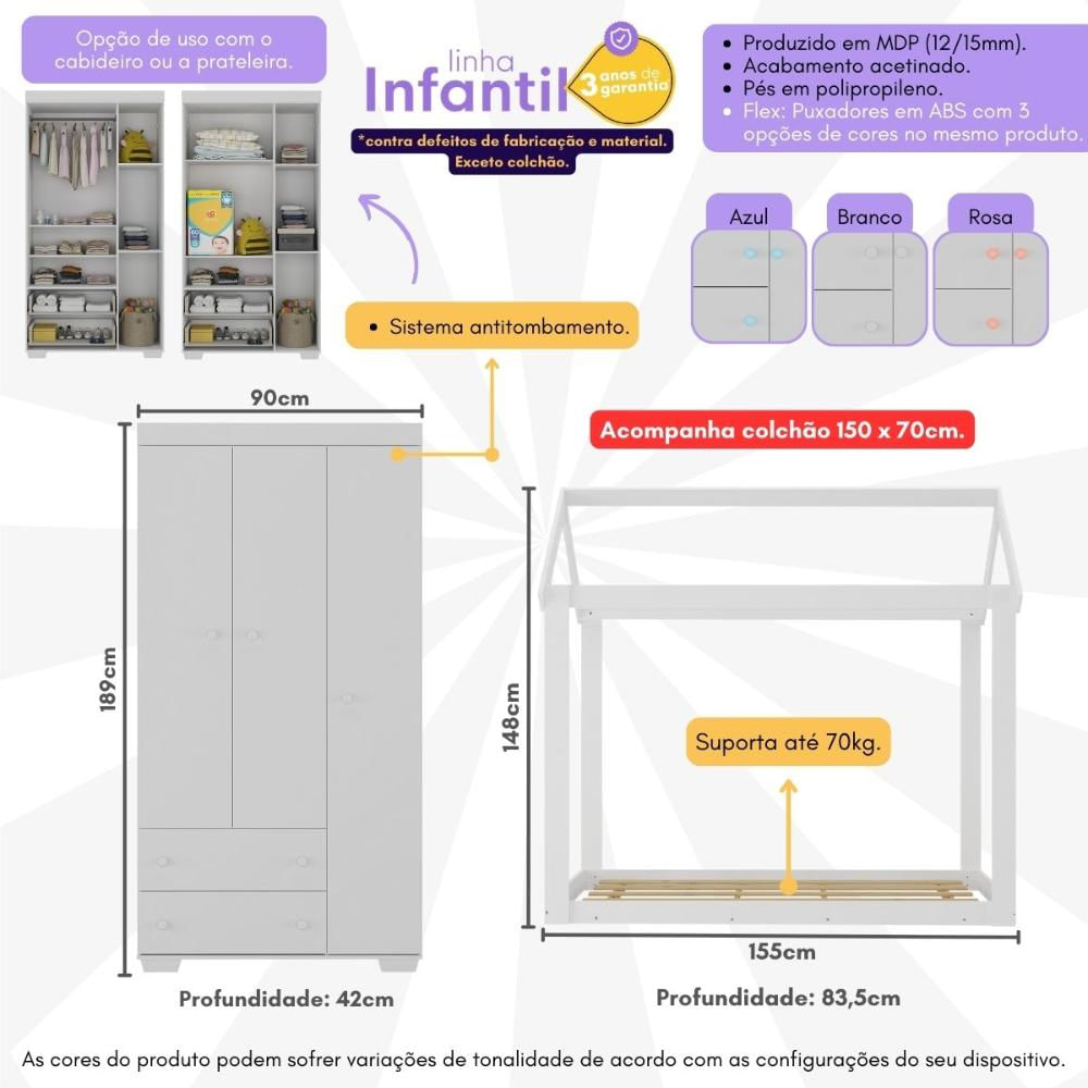 Quarto Infantil com Cama Montessoriana/Colchão/Guarda-Roupas Algodão Doce Multimóveis MX4276 Branco