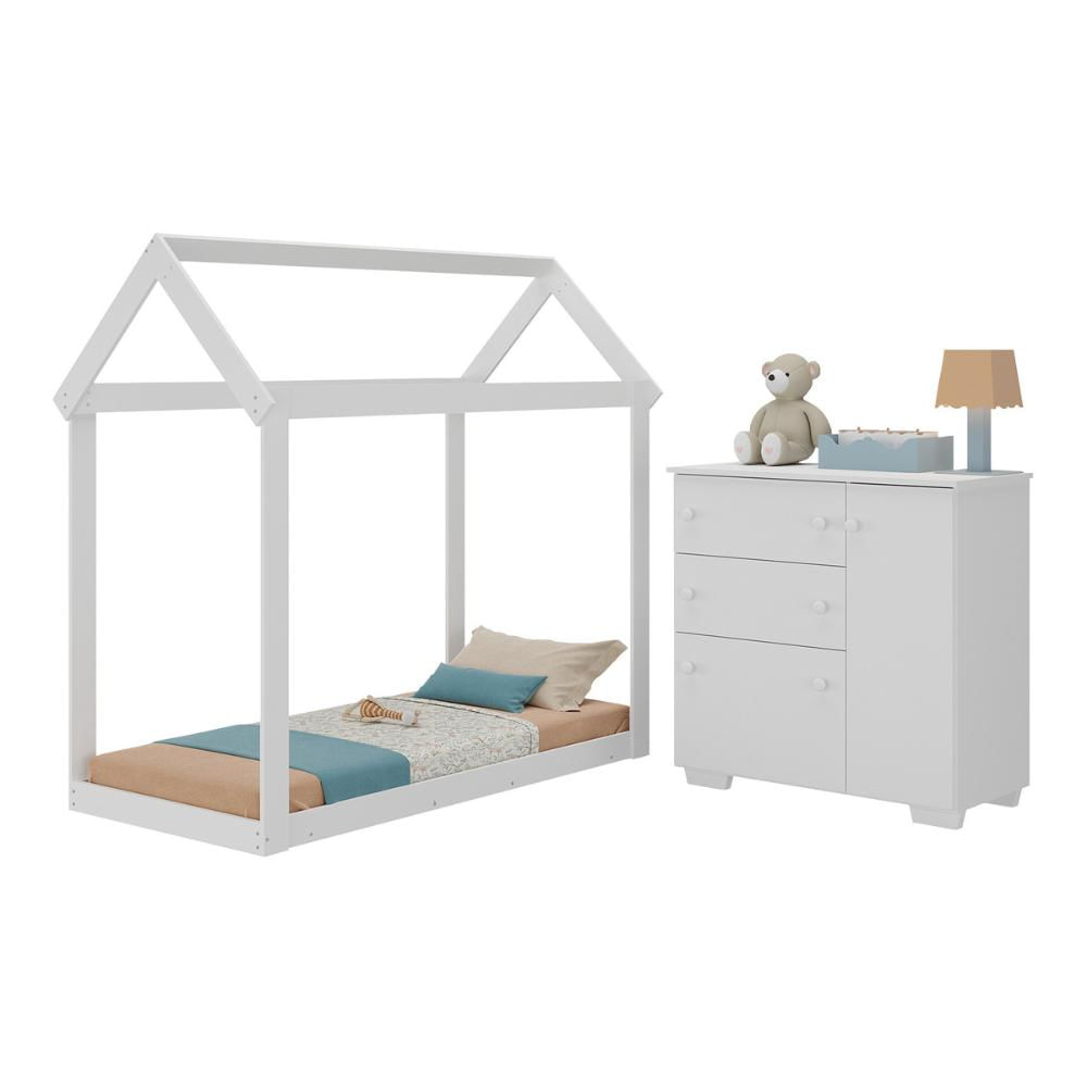 Quarto Infantil com Cama Montessoriana e Cômoda Flex Algodão Doce Multimóveis MX4277 Branco