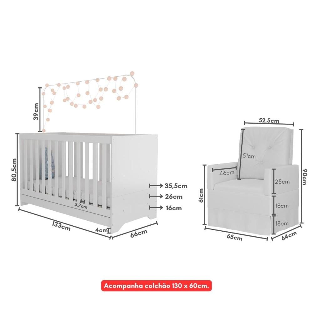 Berço 3x1 com Colchão Incluso e Poltrona de Amamentação Elza Multimóveis MP4094 Branco