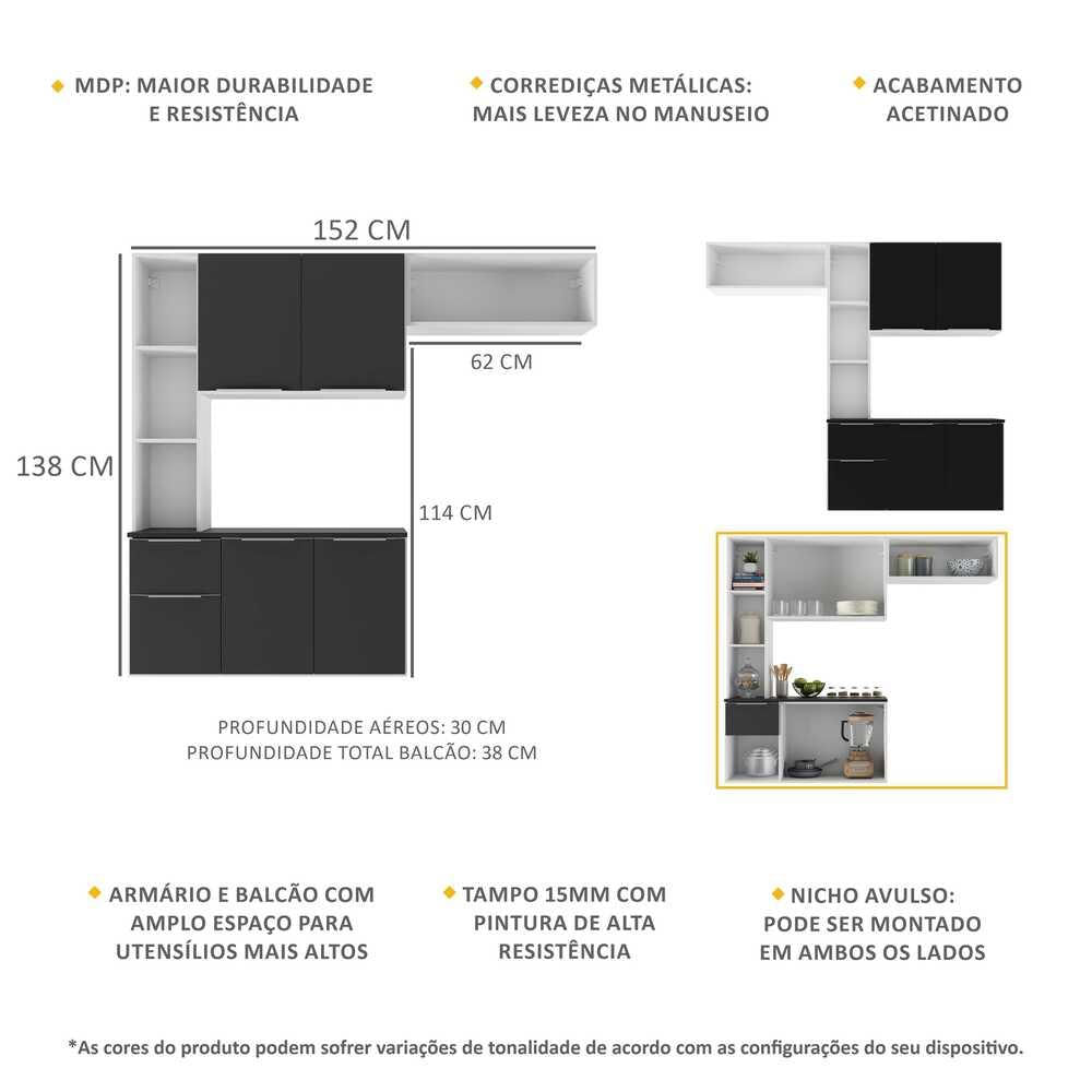 Armário de Cozinha Compacta com Balcão Sofia Multimóveis V2003 BRANCO E PRETO