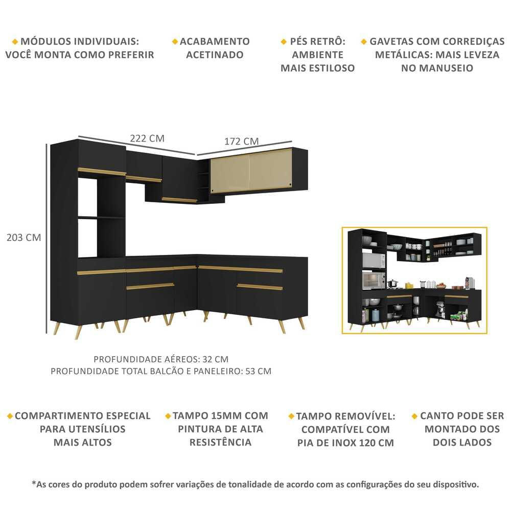 Armário de Cozinha Completa de Canto Veneza GB Multimóveis MP2064 Preta