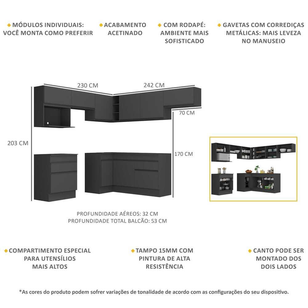 Armário de Cozinha Completa de Canto com Rodapé Veneza Multimóveis MP2106.895 Preto