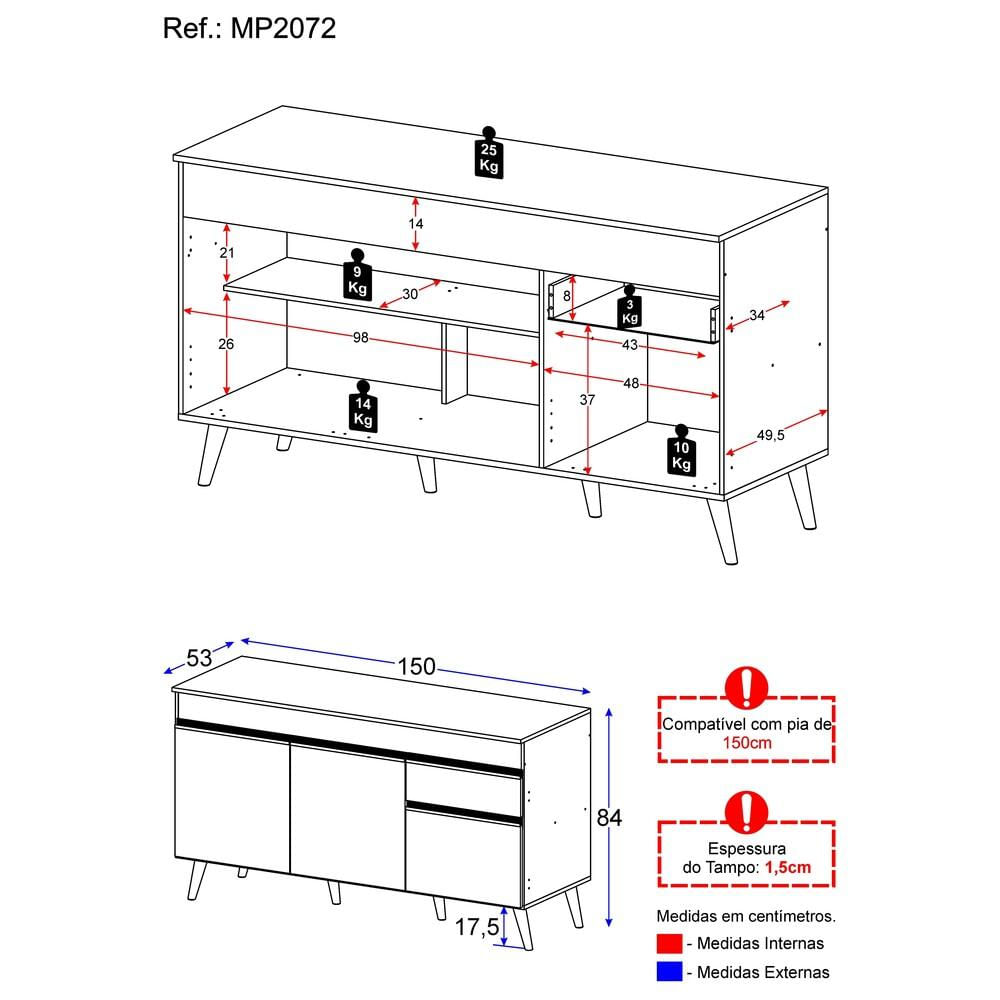 Balcão Cozinha Gabinete Pia 150 cm 3 Portas 1 Gaveta Veneza GW Multimóveis MP2072 Branco