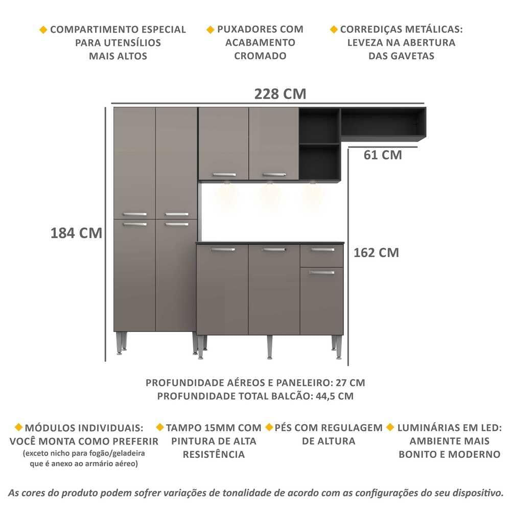 Armário de Cozinha Compacta com 3 Leds Balcão com Tampo Pequim Multimóveis Preta/Lacca Fumê