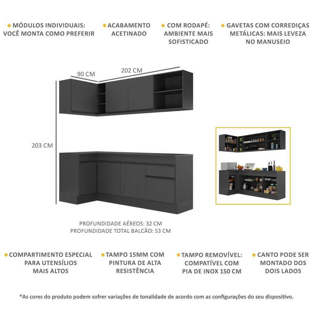 Armário de Cozinha Compacta de Canto com Rodapé Veneza Multimóveis MP2093.895 Preto