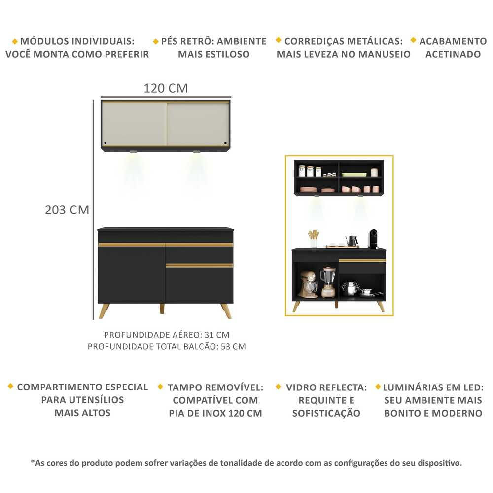 Armário de Cozinha Compacta 2 peças com Leds MP2013 Veneza Up Multimóveis Preta