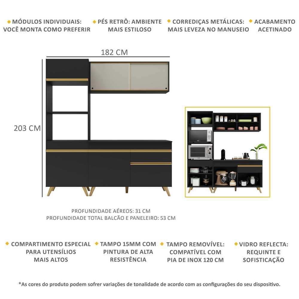 Armário de Cozinha Compacta 3 peças MP3695 Veneza GB Multimóveis Preta