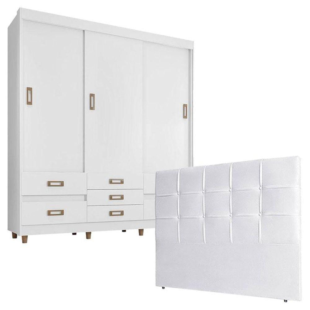 Quarto De Casal Guarda Roupa 37020 Com Cabeceira Luiza 140 Cm Branco - Araplac