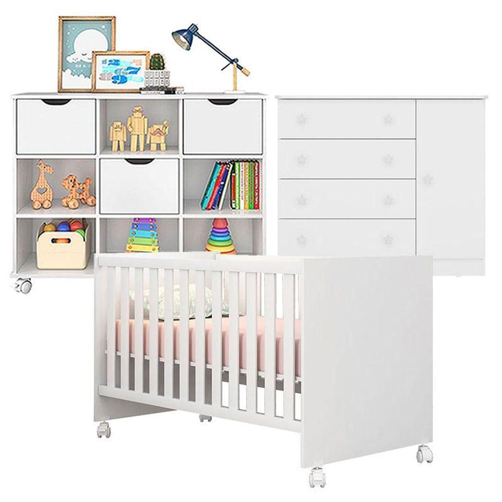 Berço Americano 100 Com Rodízios E Cômoda 2561 Com Nicho Organizador 3 Gavetas Branco Brilho