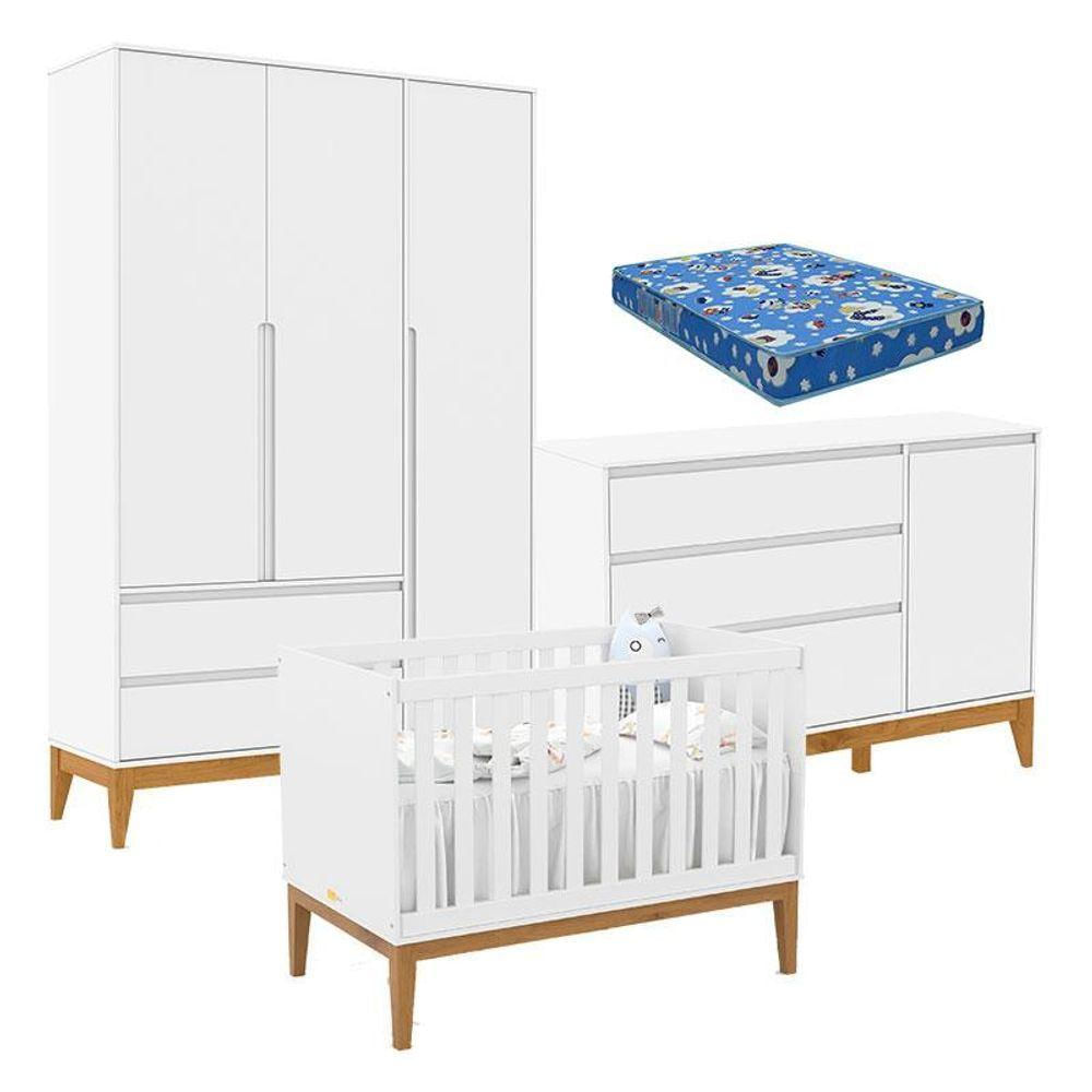 Quarto De Bebê Nature Clean 3 Portas Com Berço Unique Branco Soft Eco Wood E Colchão Ortobom