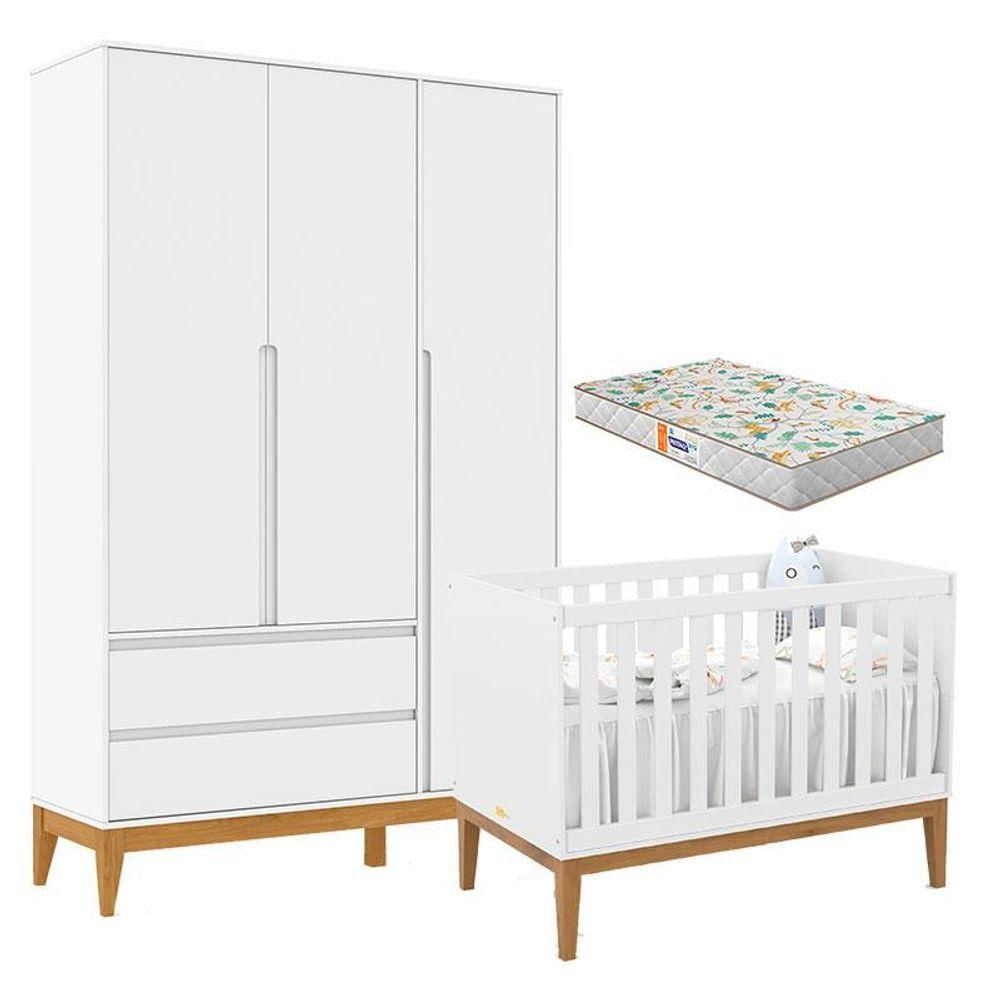 Berço Americano Unique E Guarda Roupa 3 Portas Nature Clean Branco Soft Eco Wood Com Colchão Gazin