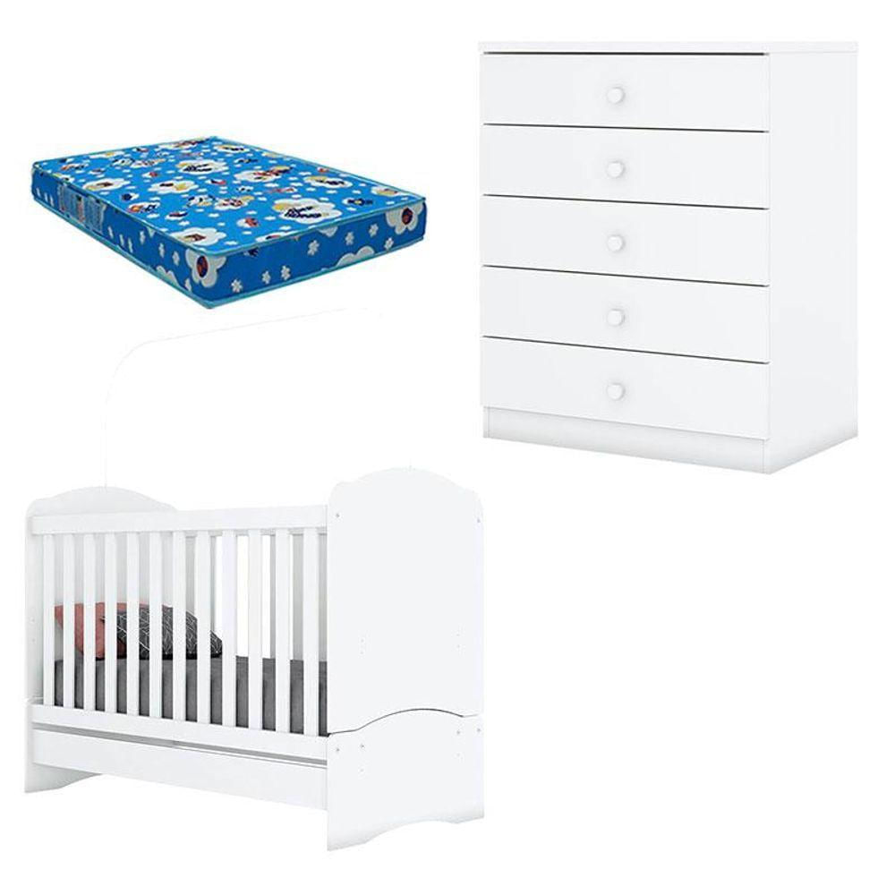 Berço Nacional Bala De Menta E Cômoda Infantil Pique-esconde Branco Com Colchão Ortobom