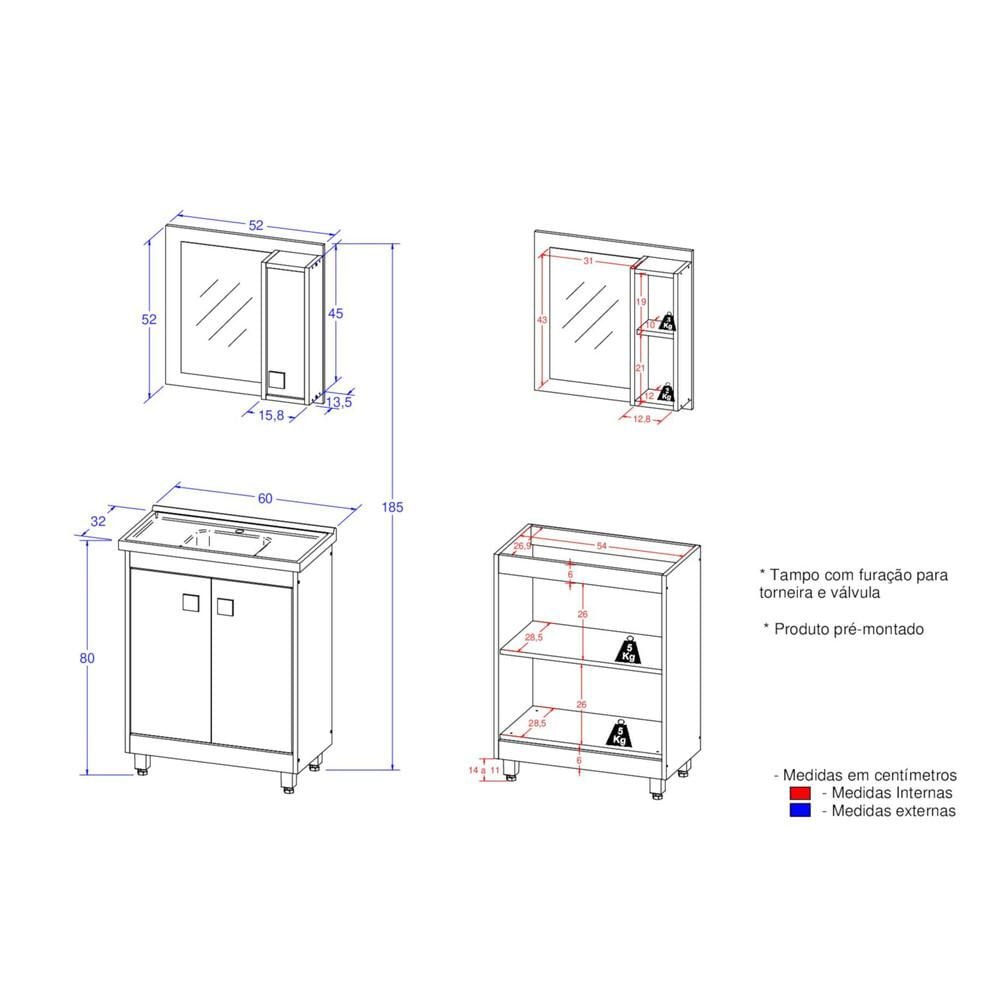 Gabinete Banheiro com Cuba e Espelheira 60cm Multimóveis CR10058 Branco/Preto