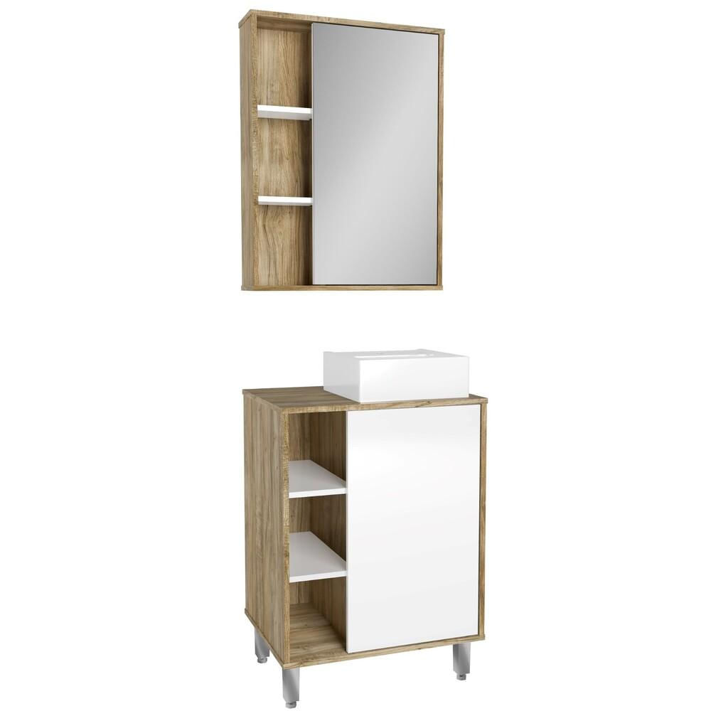 Gabinete Banheiro com Cuba e Espelheira 60cm Multimóveis CR10068 Carvalho Cartagena/Branco