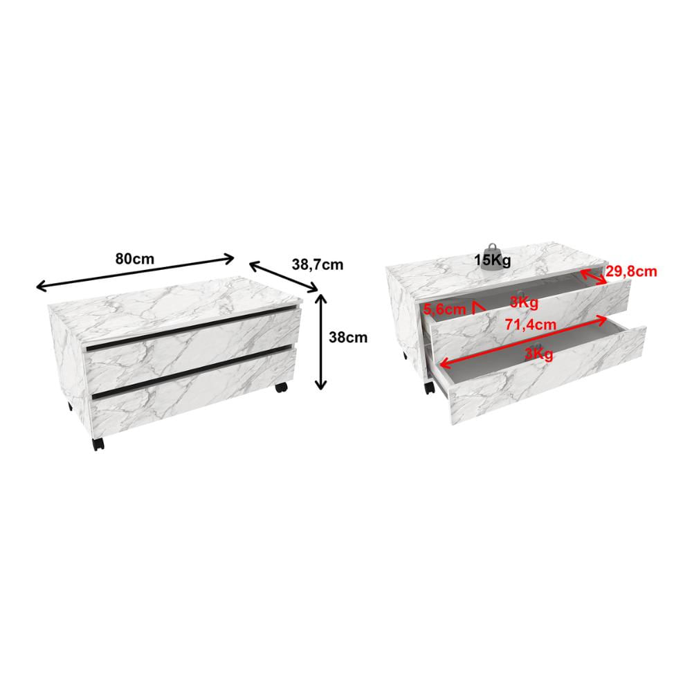 Gabinete Banheiro 2 Gavetas com Rodízios 80cm Multimóveis CR10083 Mármore Branco