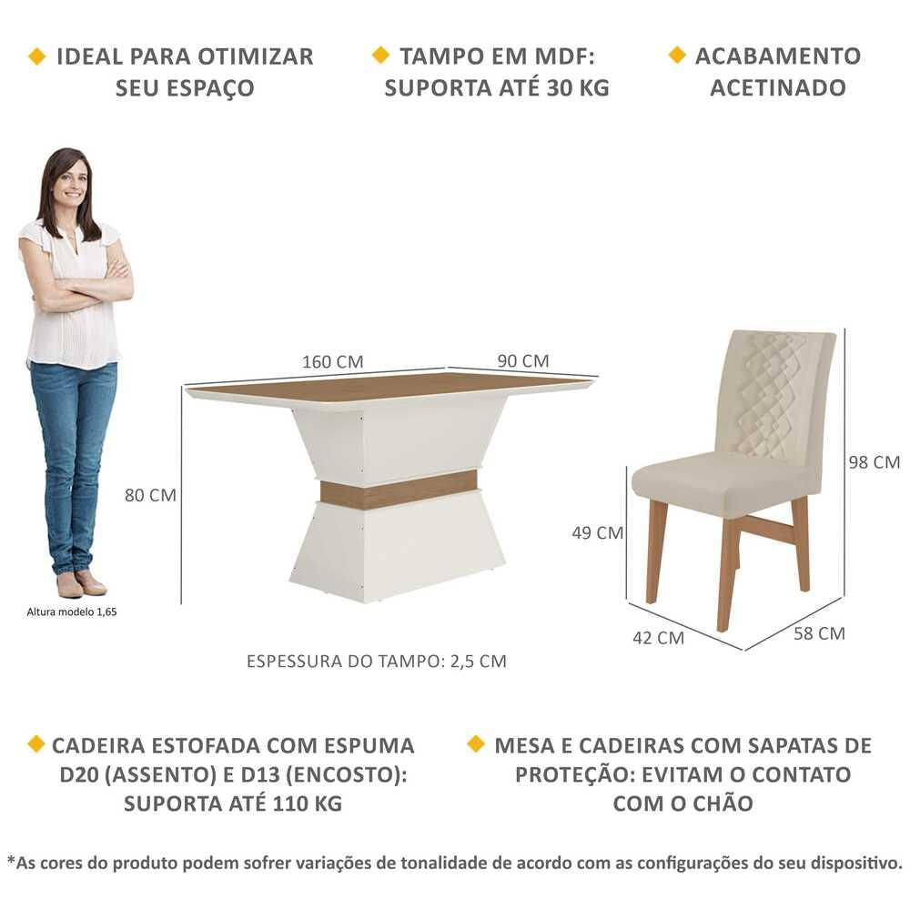 Conjunto Mesa de Jantar 160 cm com 6 cadeiras Nairobi Multimóveis EX1011 Madeirado/Off White/Bege