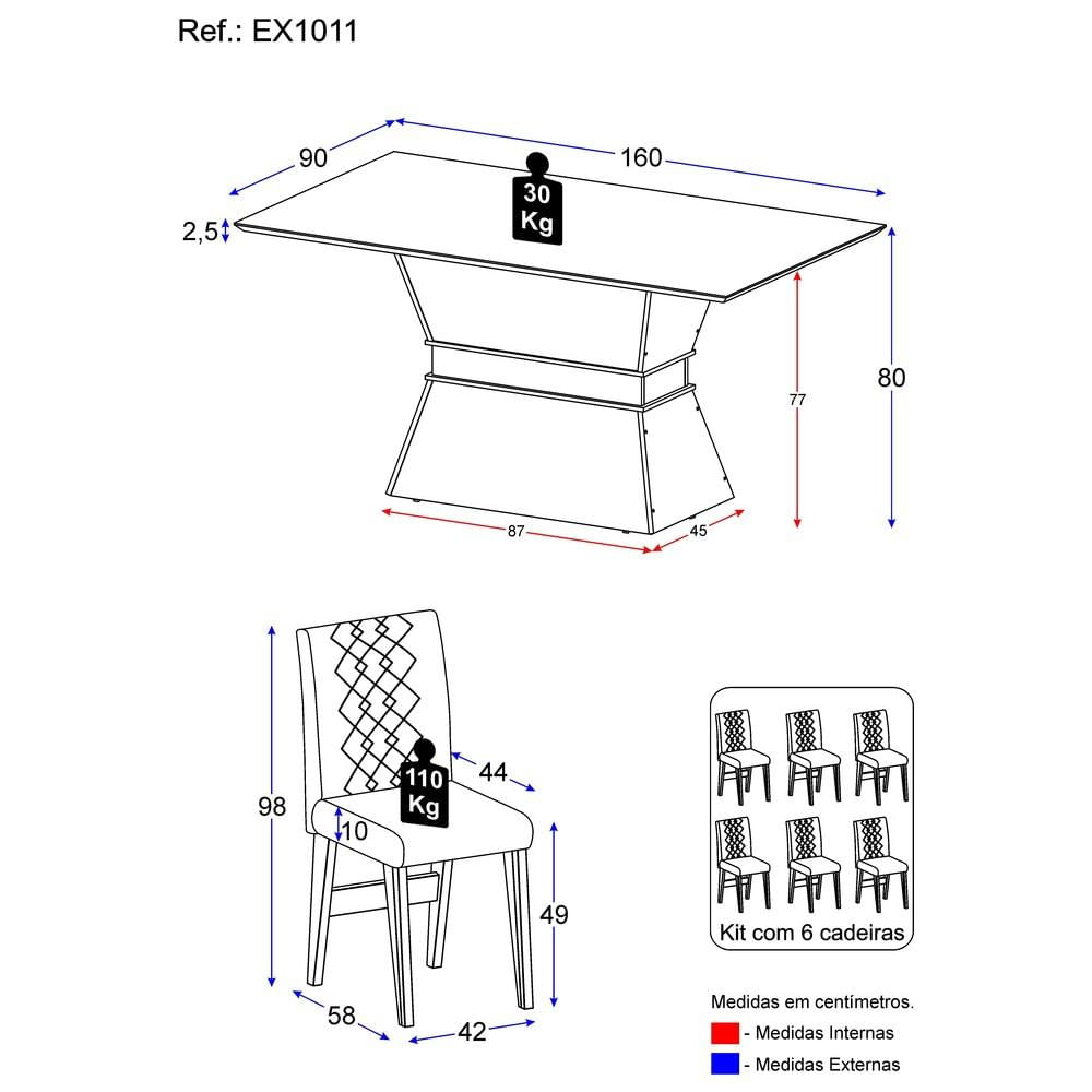 Conjunto Mesa de Jantar 160 cm com 6 cadeiras Nairobi Multimóveis EX1011 Madeirado/Off White/Bege