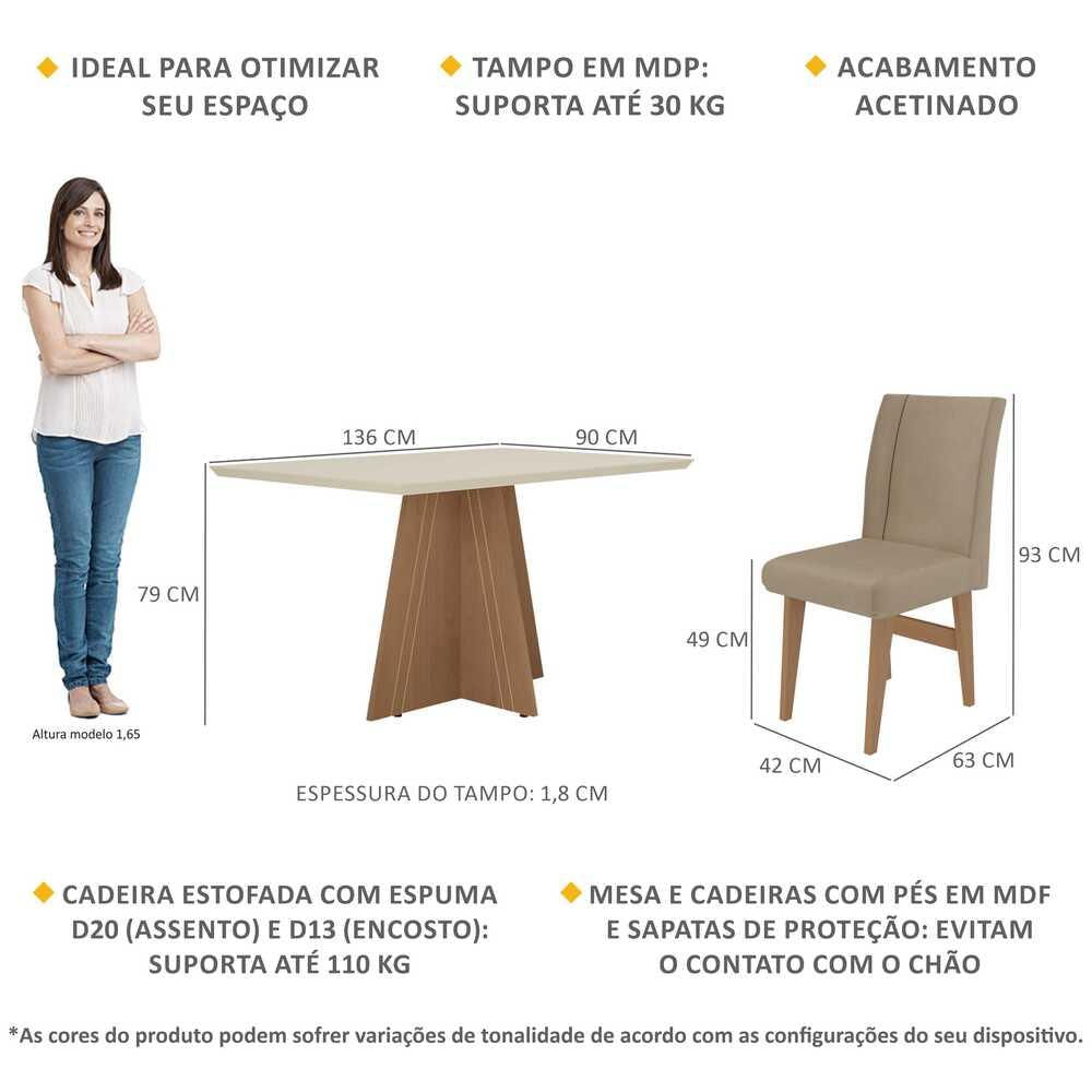 Conjunto Mesa de Jantar 136 cm com 4 cadeiras Denver Multimóveis EX1006 Madeirado/Off White/Mascavo