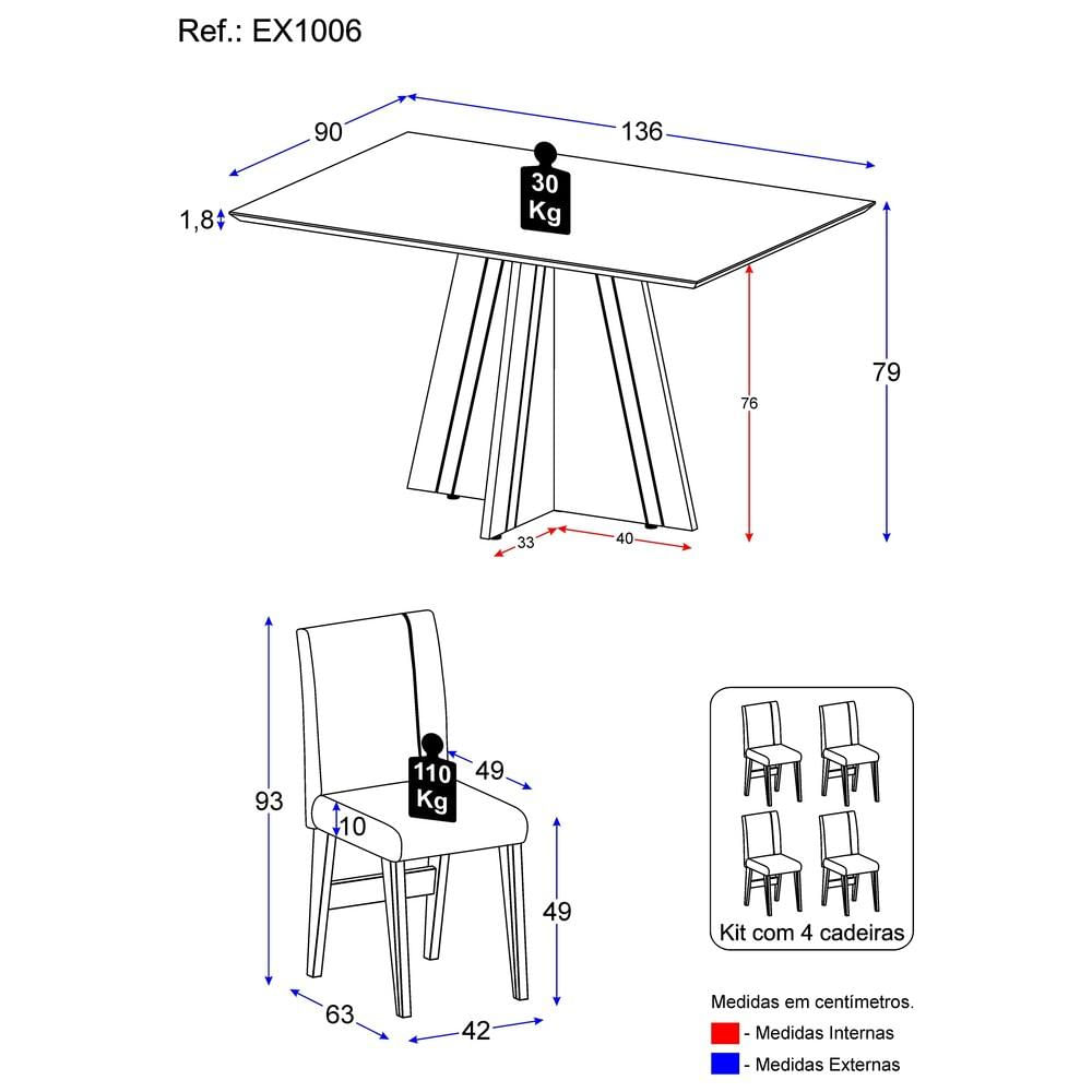 Conjunto Mesa de Jantar 136 cm com 4 cadeiras Denver Multimóveis EX1006 Madeirado/Off White/Mascavo