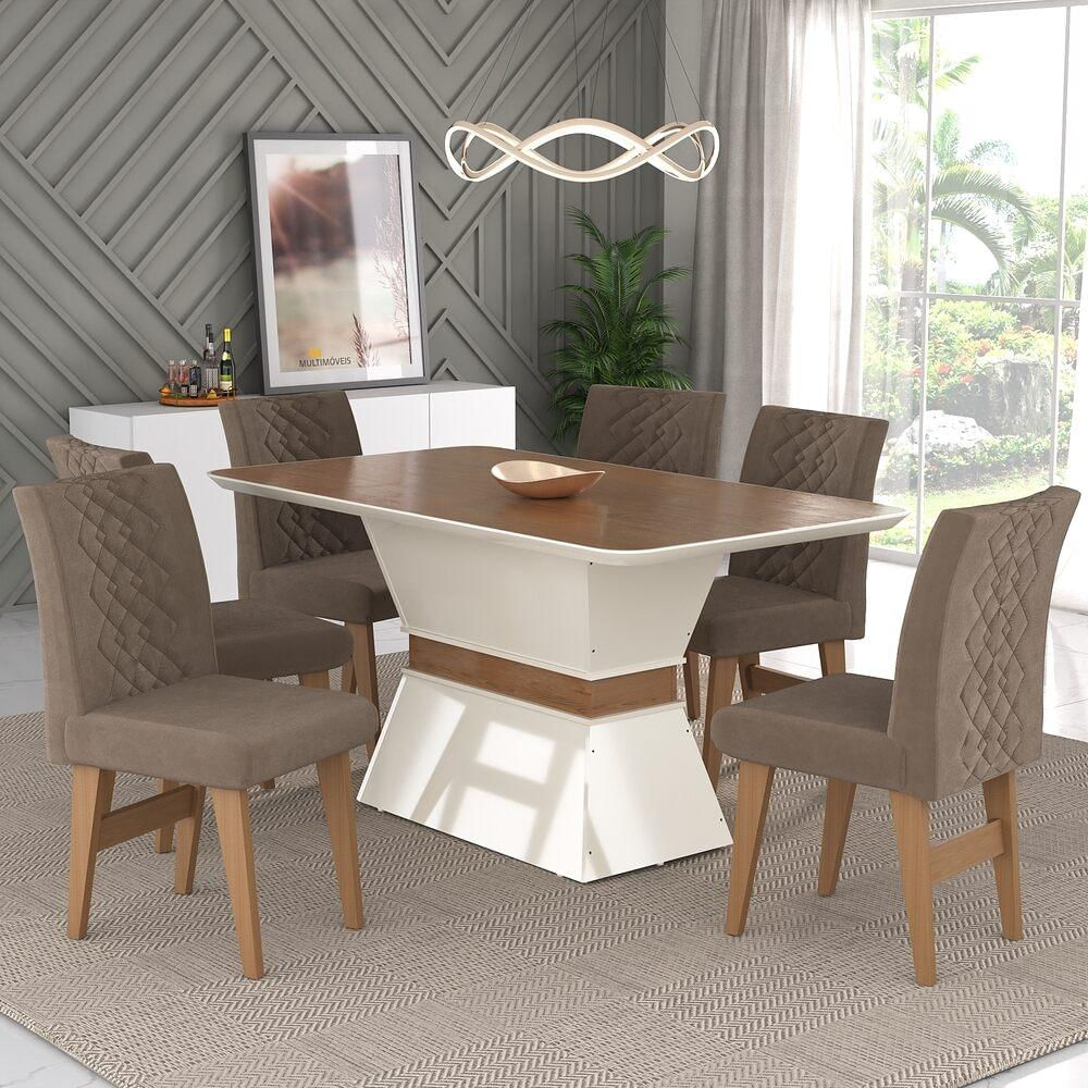 Conjunto Mesa de Jantar 160 cm com 6 cadeiras Nairobi Multimóveis EX1011 Madeirado/Off White/Castor